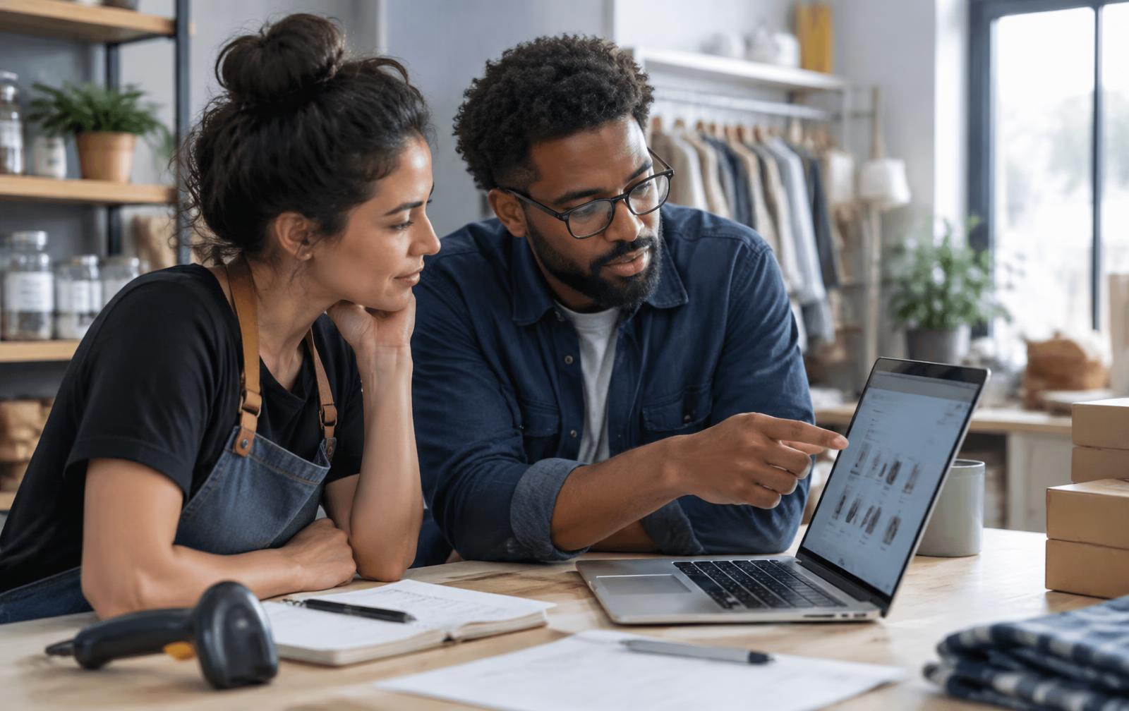 Illustration of a shop owner and developer discussing a software idea at a laptop