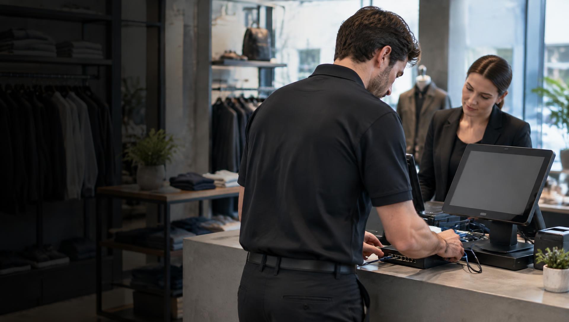 Illustration of an IT technician working on point-of-sale equipment in a retail store