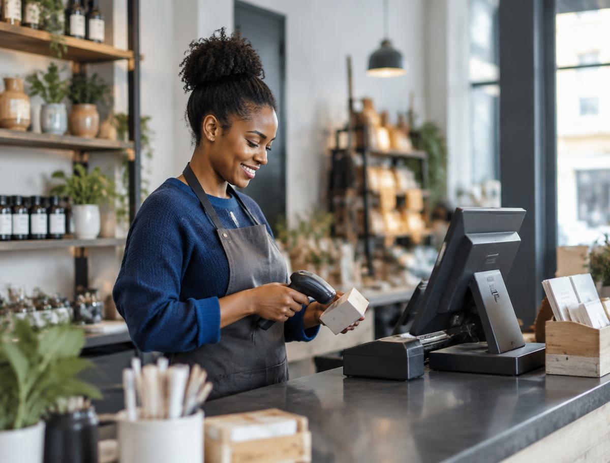 Illustration of a store operator using a barcode scanner and point-of-sale workstation