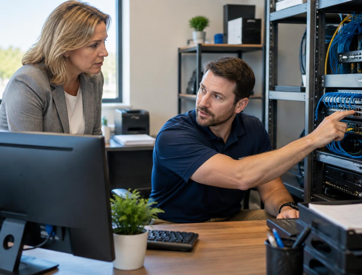 Illustration of a technician explaining network equipment to a business operator